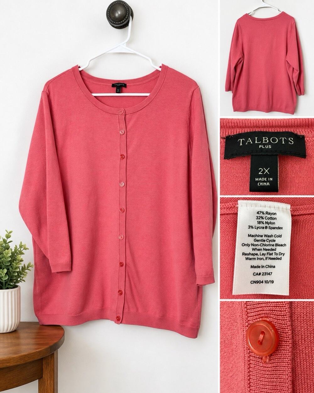 Talbots Plus 2X Coral Pink Button Front Cardigan 3/4 Sleeve Lightweight Knit
